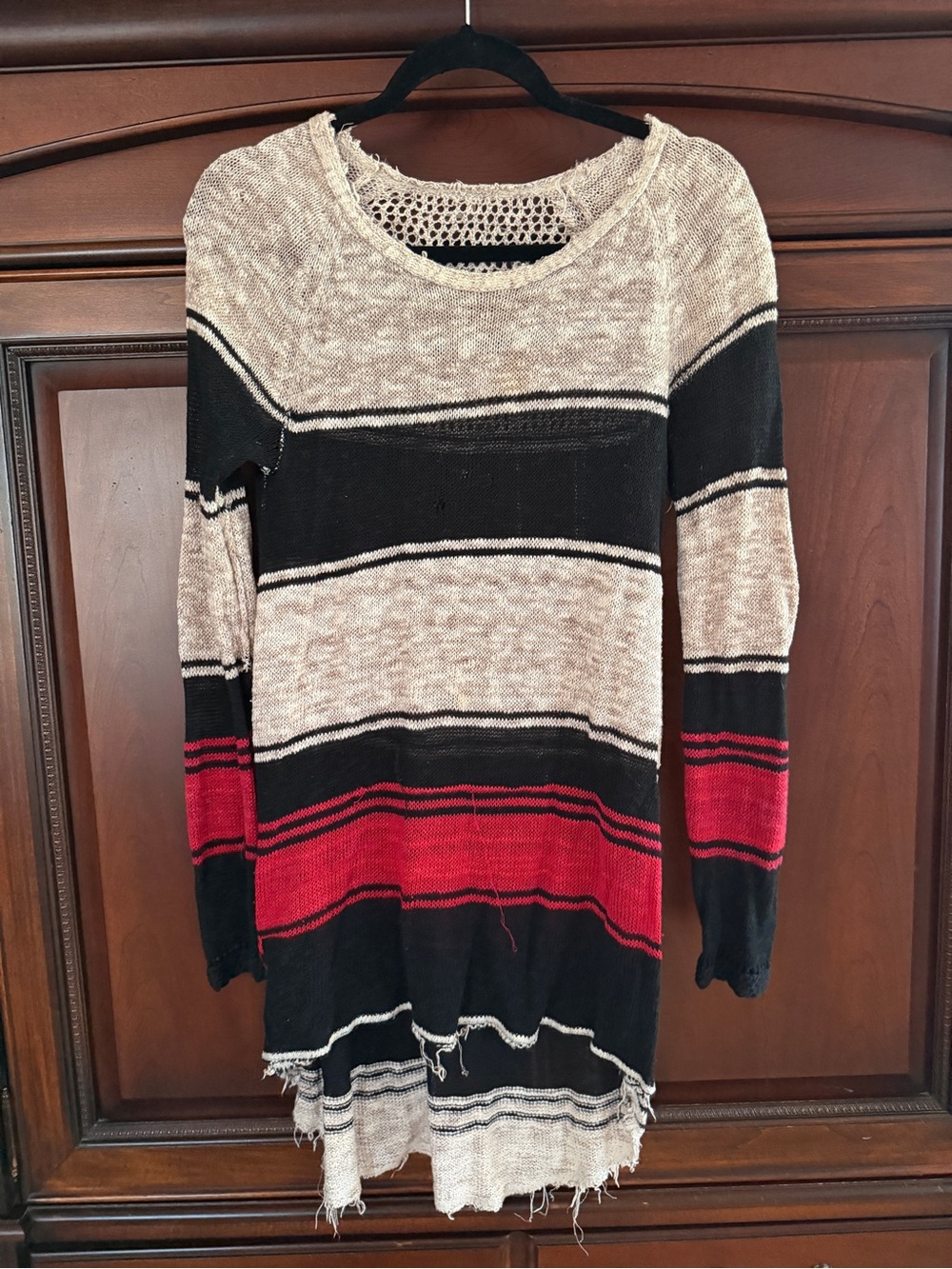 Free People Open Knit Sweater in taupe:red/bkack